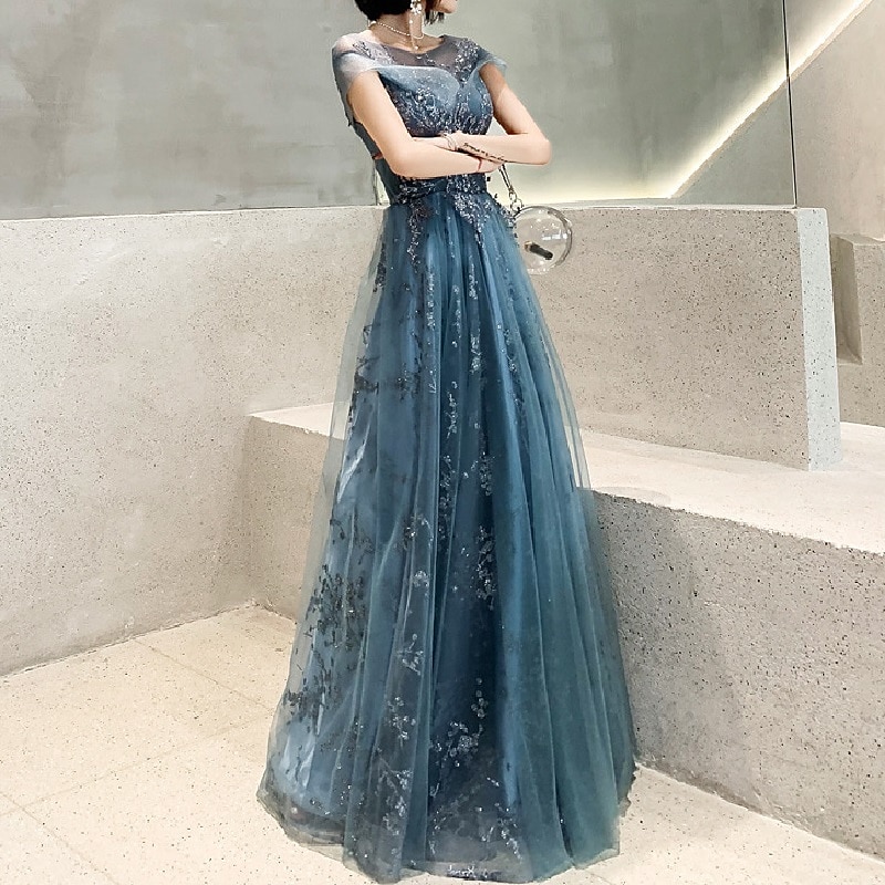 A-Line Prom Dress Wedding Guest Elegant Jewel Neck Floor Length Tulle Short Sleeve with Pleats Appliques free custom size