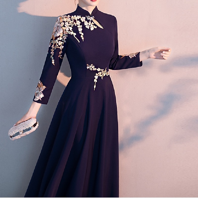 A-Line Mother of the Bride Dress Elegant Simple High Neck Floor Length Stretch Fabric Long Sleeve with Pleats Appliques free custom size2