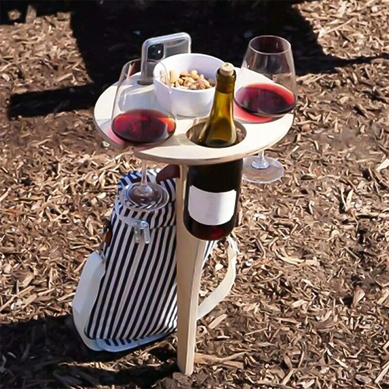 Outdoor Wine Table, Folding Wine Table Stake, Outdoor Wine Picnic Table, Portable Wine Glasses & Bottle Holder, Snack and Cheese Holder Tray for Backyard Camping, Beach, Wood Wine Rack
