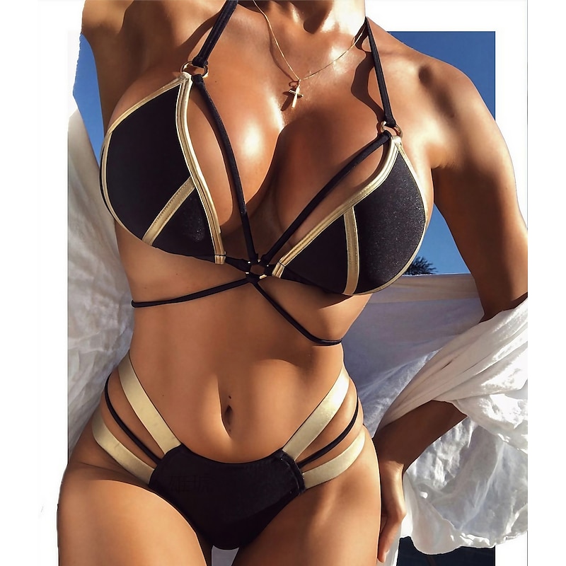 Women’s Normal Swimwear Bikini 2 Piece Swimsuit Open Back Cut Out Sexy Leopard Color Block Strap Vacation Sexy Bathing Suits 2024 – GBP £27