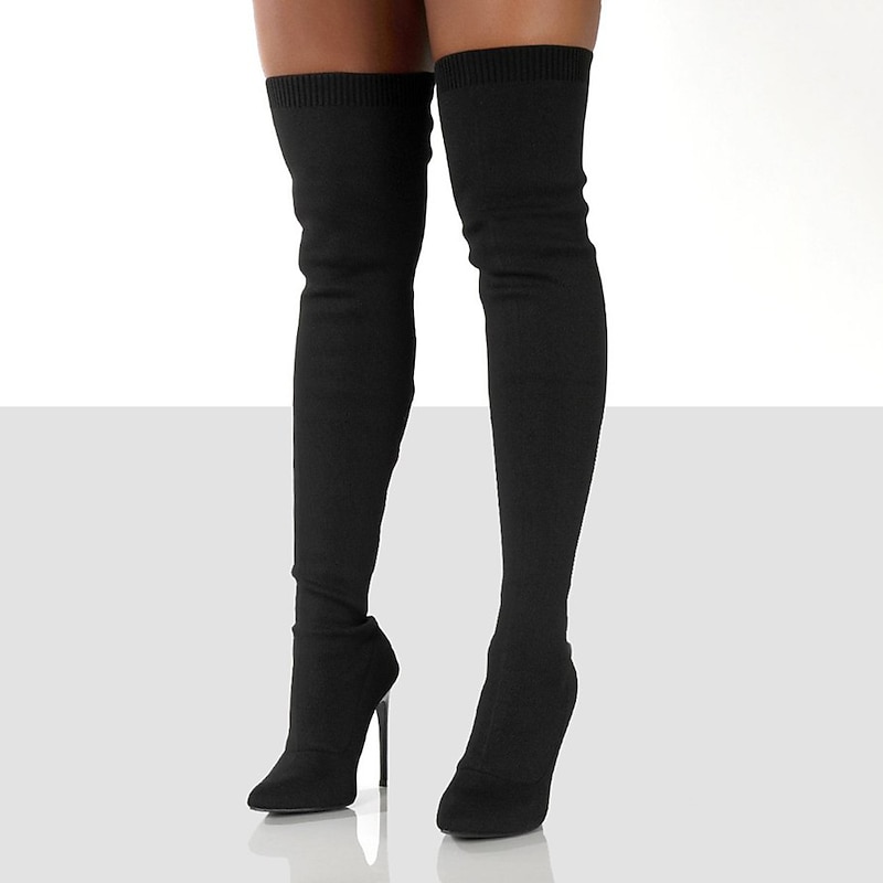 Women's Over-the-Knee Stiletto Boots with Stretch Fabric, Sleek Thigh-High Style for Evening Wear and Club Outfits2