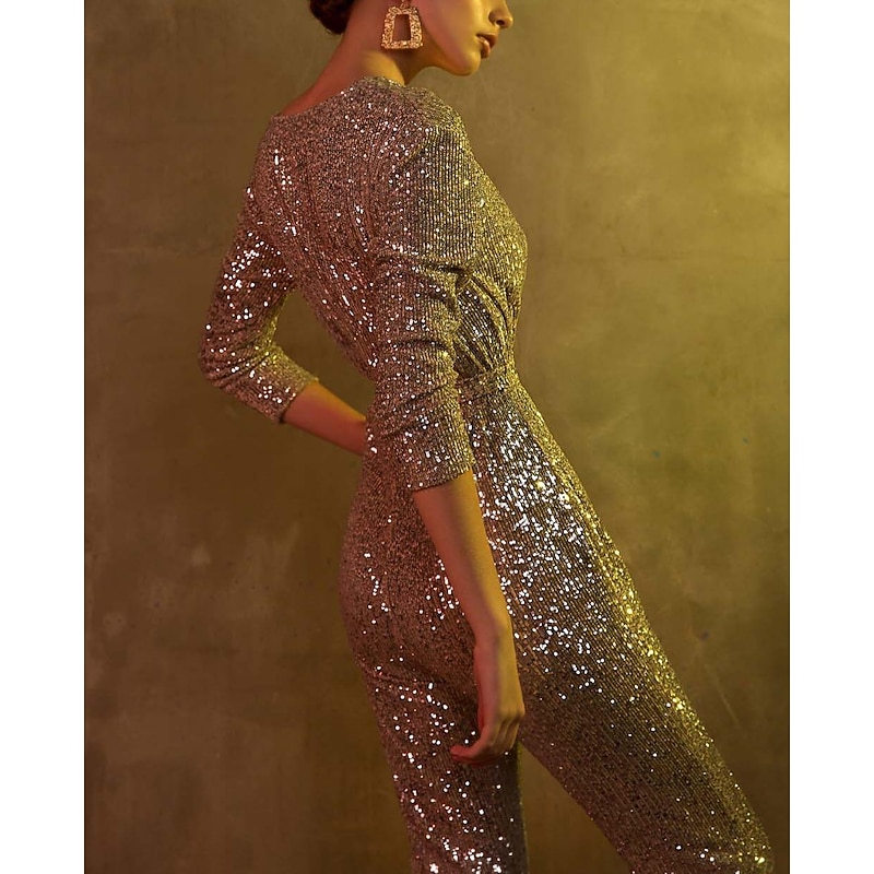 Jumpsuits Glittering Dress Wedding Guest Prom Floor Length 3/4 Length Sleeve V Neck Sequined with Sequin2