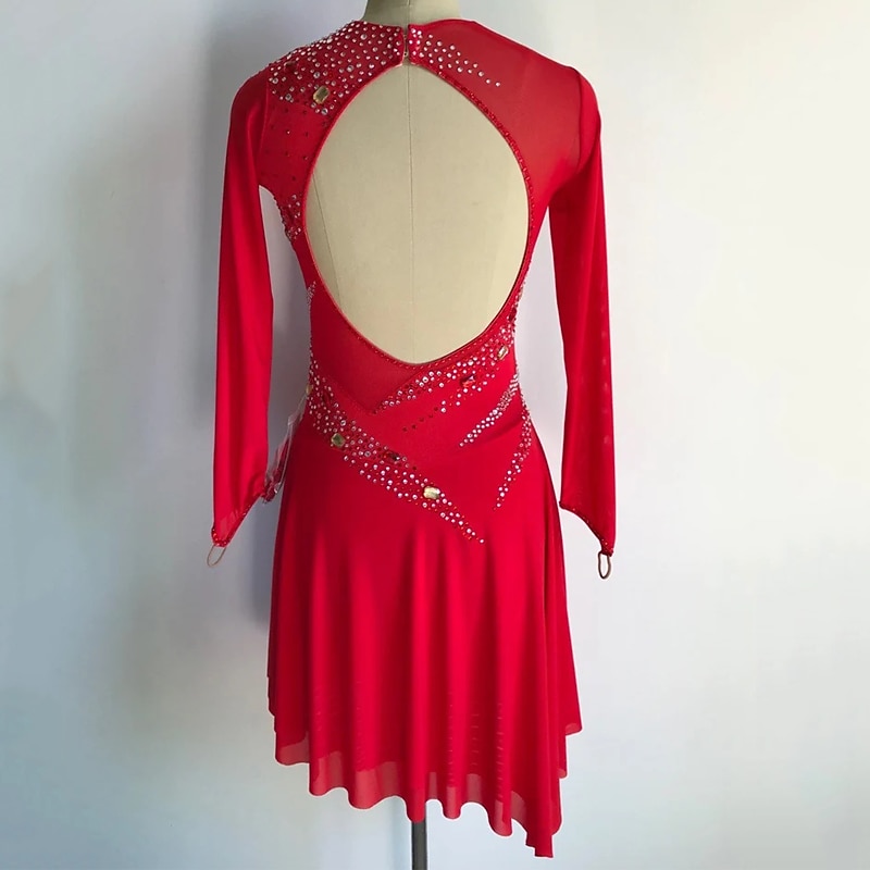Figure Skating Dress Women's Girls' Ice Skating Dress Outfits Red Open Back Mesh Spandex High Elasticity Competition Skating Wear Handmade Crystal / Rhinestone Long Sleeve Ice Skating Figure Skating2