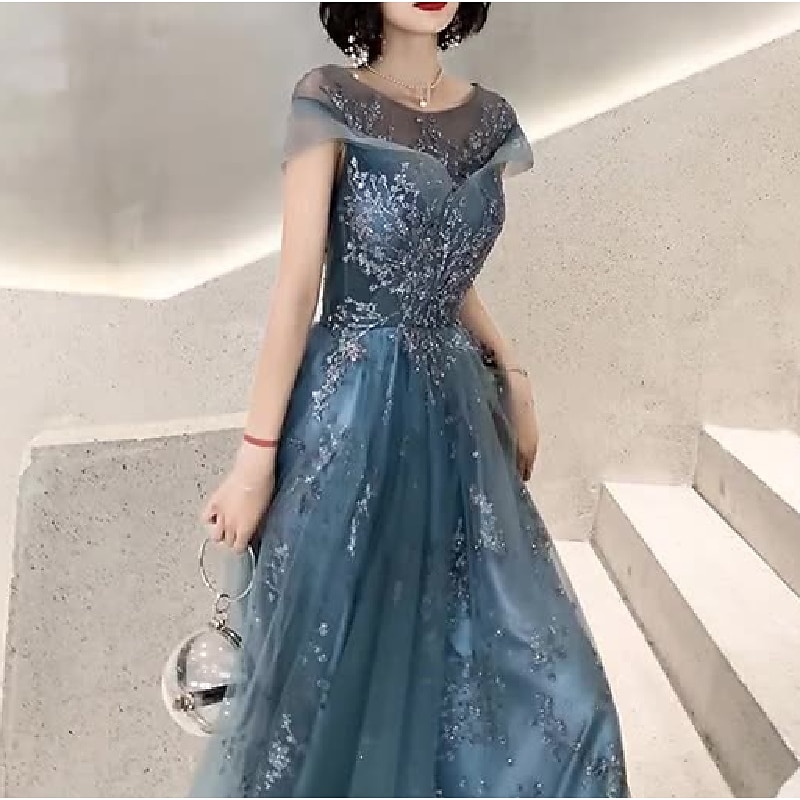 A-Line Prom Dress Wedding Guest Elegant Jewel Neck Floor Length Tulle Short Sleeve with Pleats Appliques free custom size2