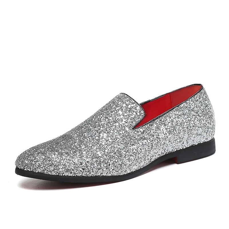 Men's Silver Glitter Loafers with Slip-On Design and Comfortable Sole - Perfect for Party and Formal Events