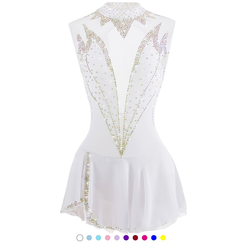 Figure Skating Dress Women's Girls' Ice Skating Dress Outfits White Pink Burgundy Open Back Mesh Spandex High Elasticity Competition Skating Wear Crystal / Rhinestone Sleeveless Ice Skating Figure