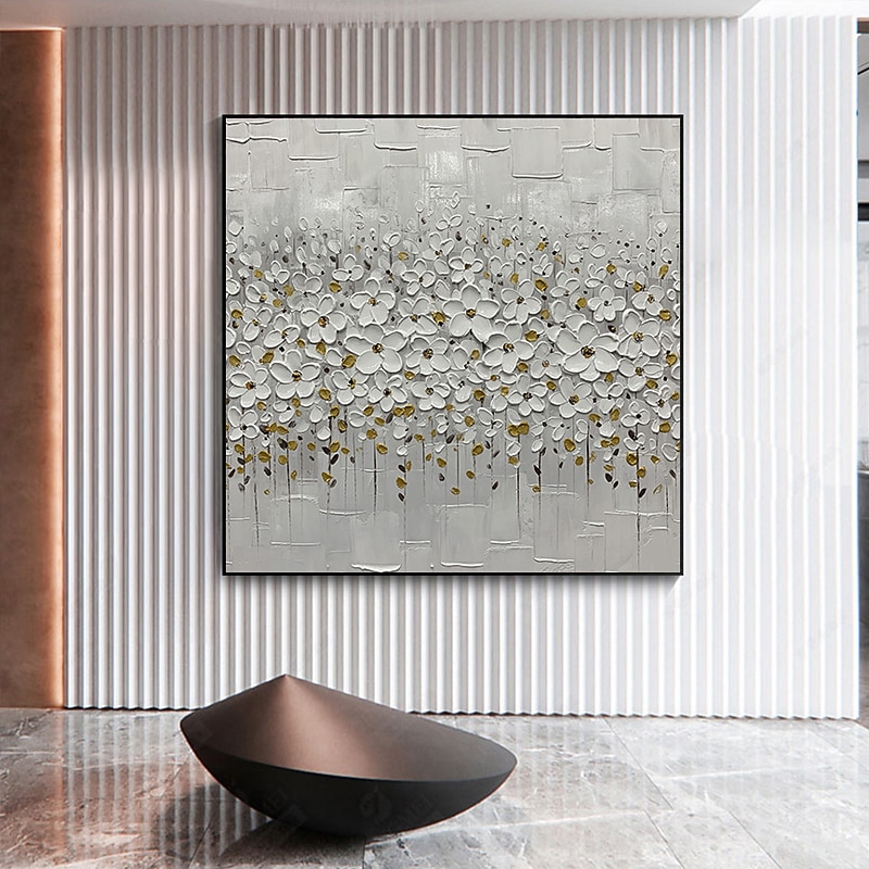 Handmade Oil Painting Canvas Wall Art Decoration Palette Knife Painting White Flowers for Home Decor Rolled Frameless Unstretched Painting