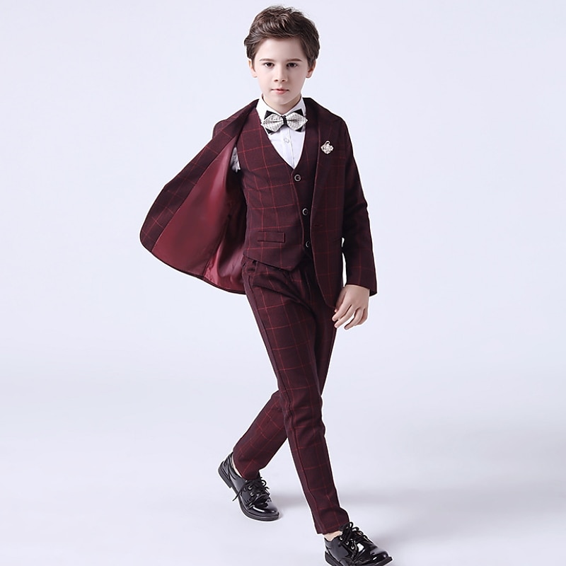 3 Pieces Ring Bearer Suit Boys Kids Toddler Suit Formal Suit Suit & Blazer Pants Set Formal Set Party Special Occasion Vintage Fashion Formal Plaid Bow Red Blue Gray Cotton3