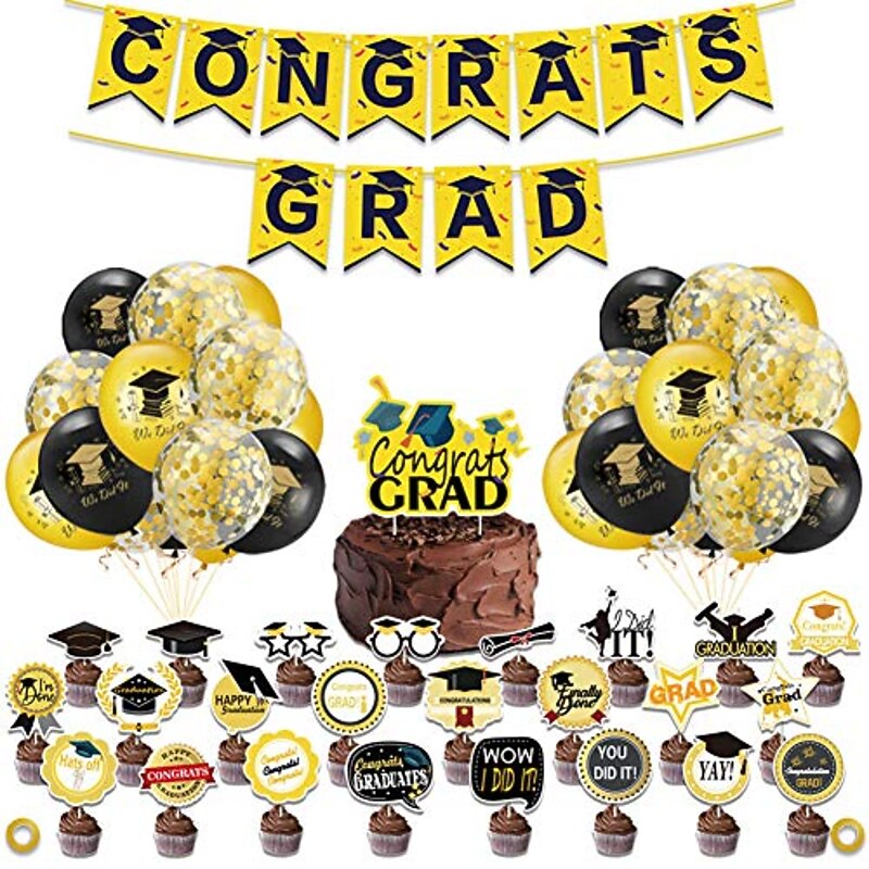 Graduation Party Supplies, Graduation Party Decorations Black and Gold 48pcs, Include Congrats Grad Banner Grad Black Gold Latex Balloons Gold Confetti Balloons Graduate Cake Cupcake Topper