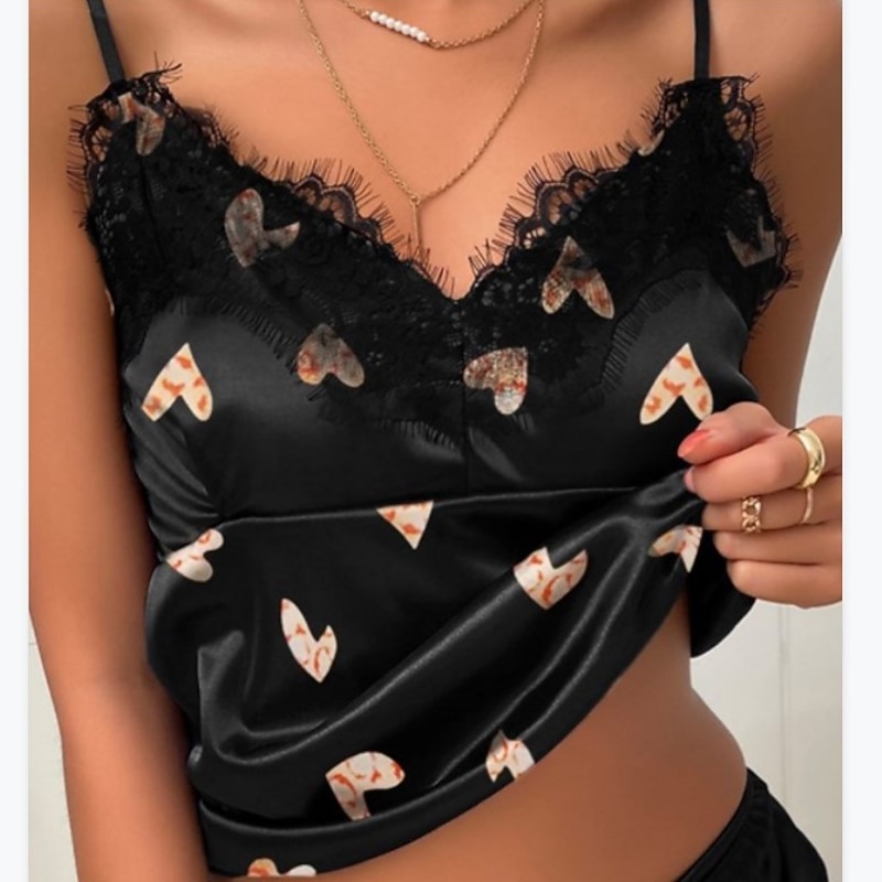 Women's Pajamas Nighty Pjs Sets 2 Pieces Heart Letter Fashion Hot Gothic Home Bed Satin Silk Breathable Gift V Wire Sleeveless Strap Top Shorts Elastic Waist Print Summer Spring Home Outfits3