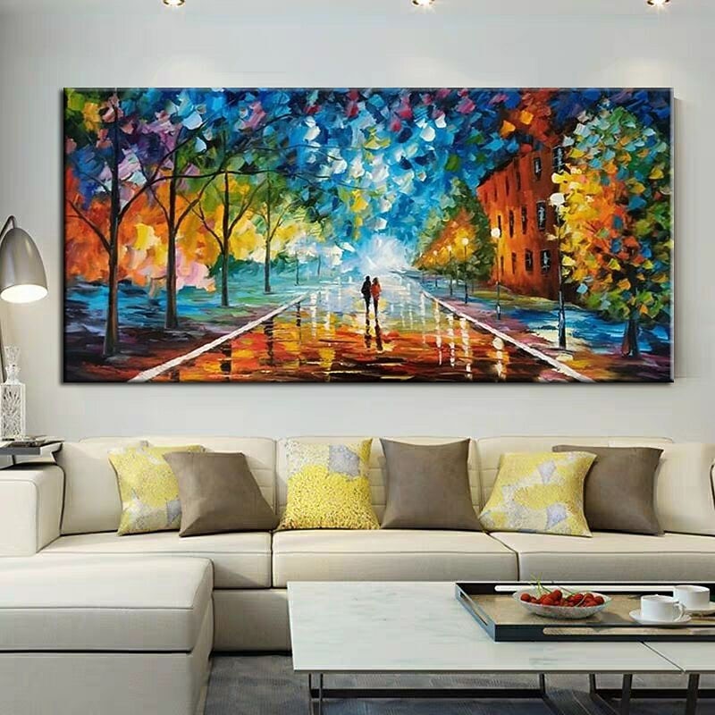 Oil Painting Handmade Hand Painted Wall Art Abstract Rain Street Tree Lamp Knife Landscape Home Decoration Decor Rolled Canvas No Frame Unstretched