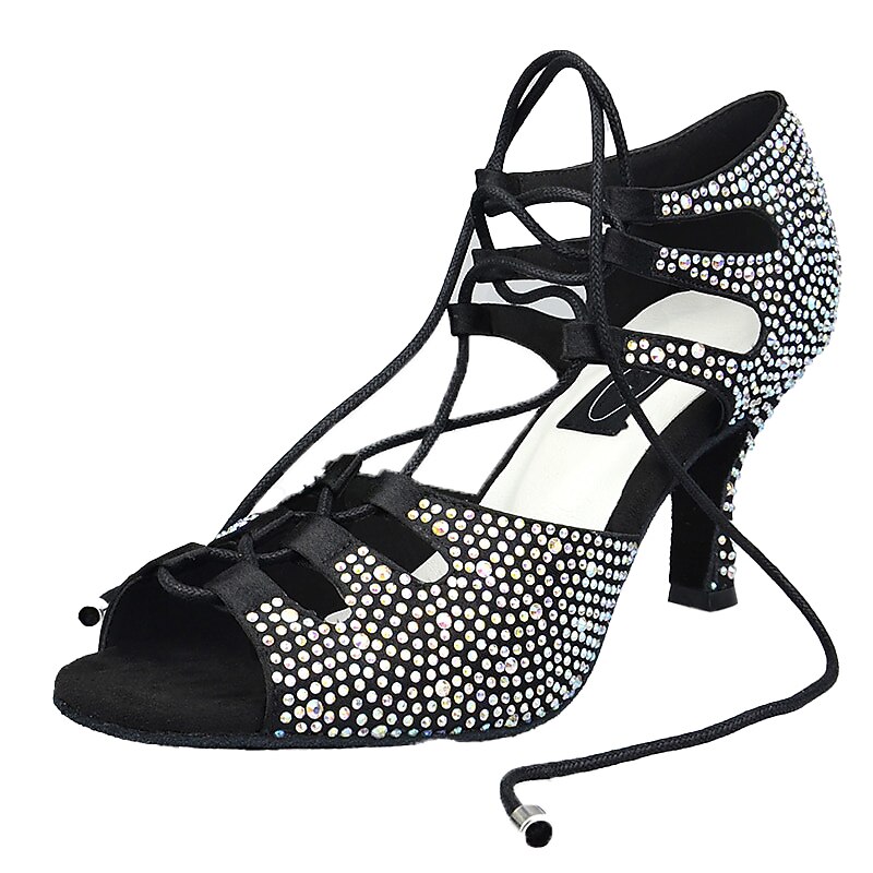Women's Latin Shoes Party Training Performance Glitter Crystal Sequined Jeweled Heel Sparkling Glitter Crystal / Rhinestone Flared Heel Lace-up Black Almond / Satin2