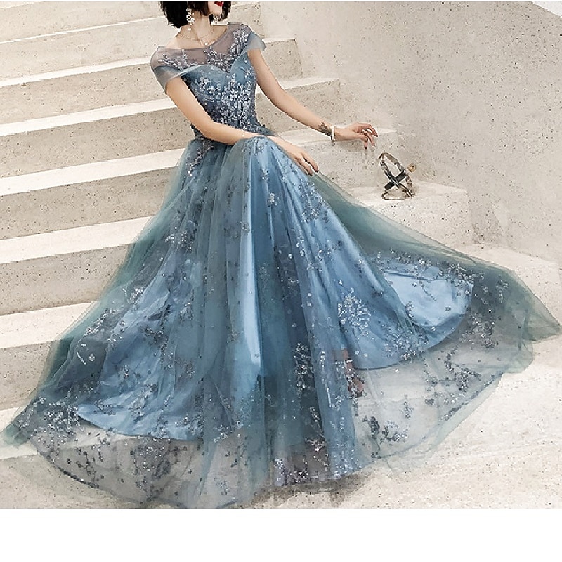 A-Line Prom Dress Wedding Guest Elegant Jewel Neck Floor Length Tulle Short Sleeve with Pleats Appliques free custom size3
