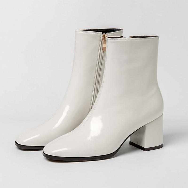 Women's White Patent Leather Ankle Boots - Sleek Side-Zip Design with Block Heels, Perfect for Elegant Evening Wear or Casual Chic Outfits2