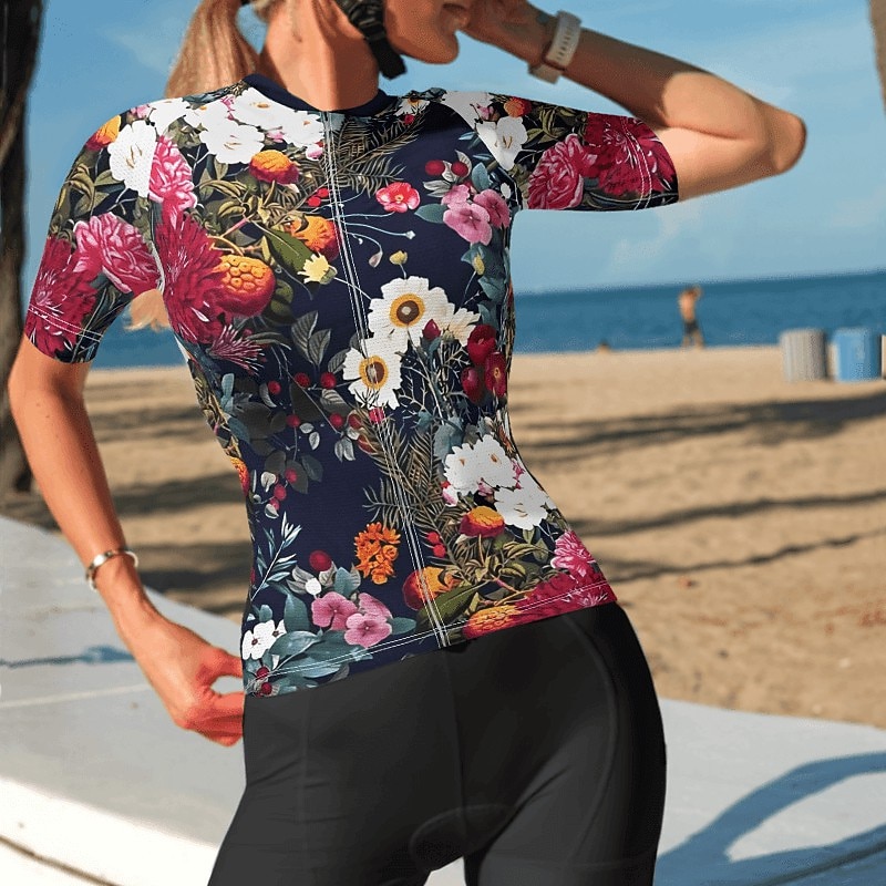 Women's Cycling Jersey Patterned Floral Botanical Flower Short Sleeve Bike Jersey with 3 Rear Pockets Mountain Bike MTB Road Bike Cycling Fast Dry Quick Dry Soft Reflective Strips Sports Black Yellow2