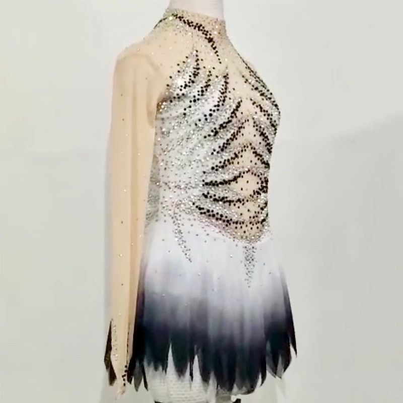 Figure Skating Dress Women's Girls' Ice Skating Dress Outfits Black White Mesh Spandex High Elasticity Competition Skating Wear Handmade Crystal / Rhinestone Long Sleeve Ice Skating Figure Skating3