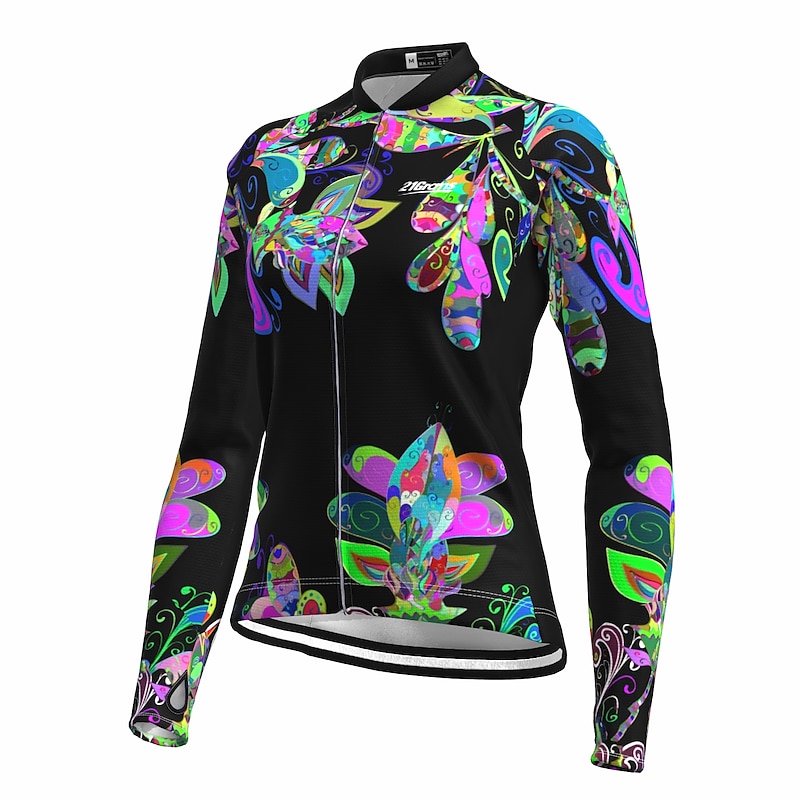 Women's Cycling Jersey Floral Botanical Long Sleeve Bike Top with 3 Rear Pockets Mountain Bike MTB Road Bike Cycling Quick Dry Reflective Strips Back Pocket Moisture Wicking Sports Black Yellow Red4