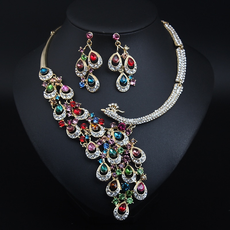 Bridal Jewelry Sets 1 set Crystal Rhinestone Alloy 1 Necklace Earrings Women's Statement Colorful Cute Fancy Peacock irregular Jewelry Set For Party Wedding dress to impress