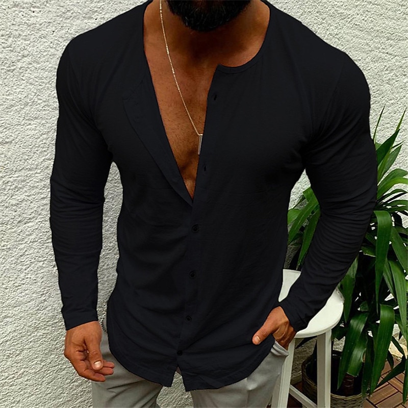 Men's Shirt Summer Shirt Button Up Shirt Casual Shirt Long Sleeve Shirt Black White Fuchsia Khaki Long Sleeve Plain Outdoor Street Clothing Apparel Linen Like Fabric Fashion Casual Comfortable2