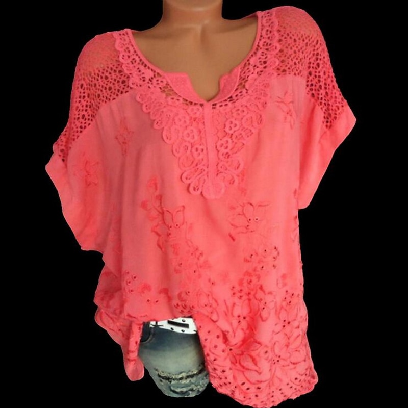 Women's Shirt Blouse White Eyelet Tops Black White Red Solid Color Plain Lace Half Sleeve Casual Daily Vintage Basic Elegant V Neck Regular S4
