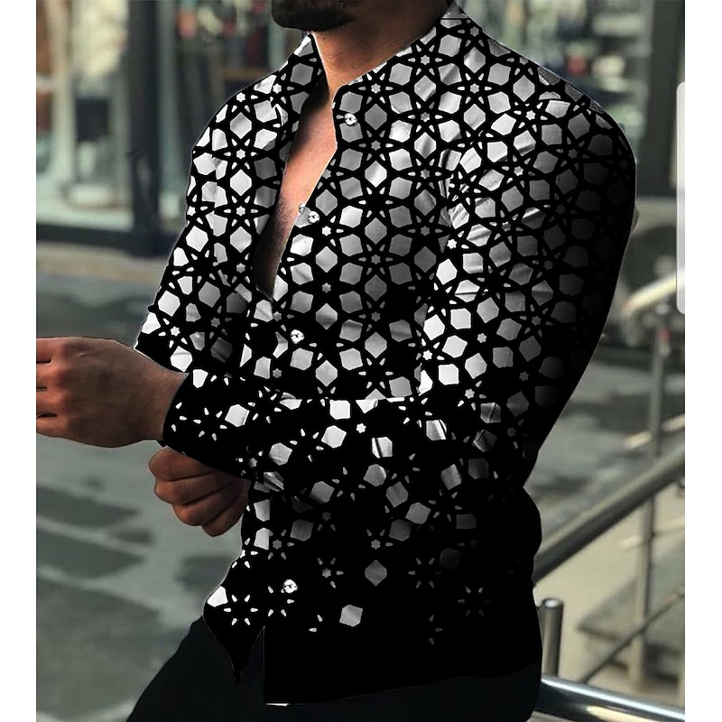 Men's Geometric Geometric Pattern Shirt Button Up Shirt Long Sleeve Fashion Designer Casual Daily Holiday Going out Spring & Summer Turndown 3D Print Button-Down Black