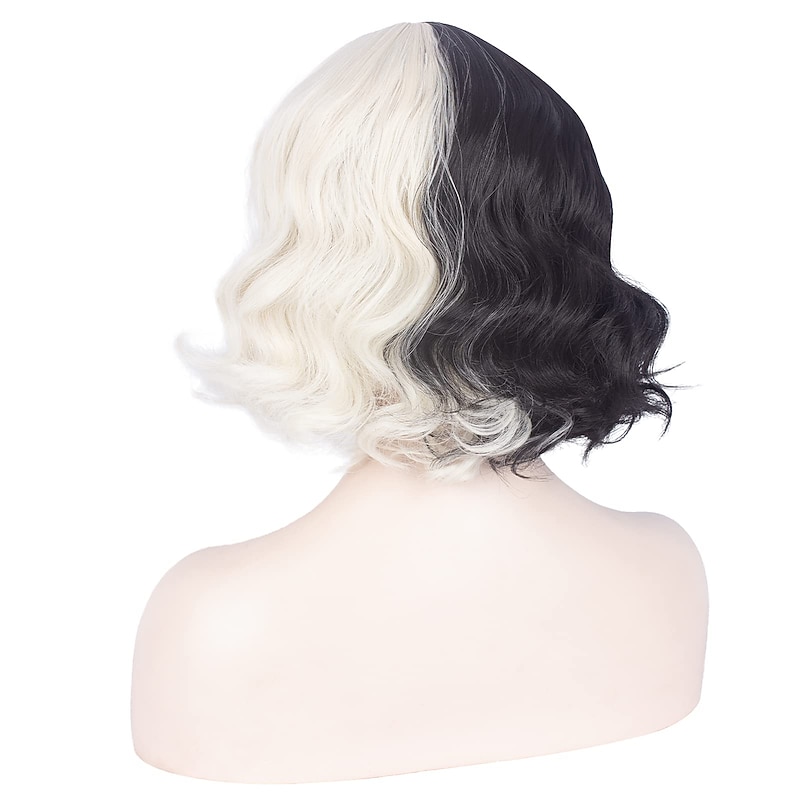 Black and Blonde Wig for Girls Short Wavy Half Black Half Blonde Wig with Bangs Cruella Deville  Women Cosplay Synthetic Wig Daily Party Halloween Wigs2