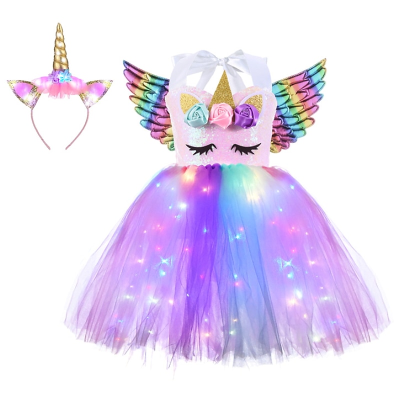 Kids Girls' Led Luminous Unicorn Tutu Dress Birthday Performance Ruched Mesh Patchwork Purple Rainbow Light Blue Cotton Above Knee Sleeveless Costume Cute Dresses Fall Summer4