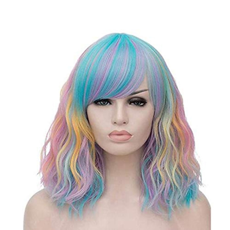 Mixed Color Wigs for Women Gothic Wig Evaner Wavy Wig Short Bobo Wigs with Air Bangs Shoulder Length Women's Wig Curly Wavy Synthetic Cosplay Wig Pastel Bob Wig for Girl  Wigs Halloween Wigs2