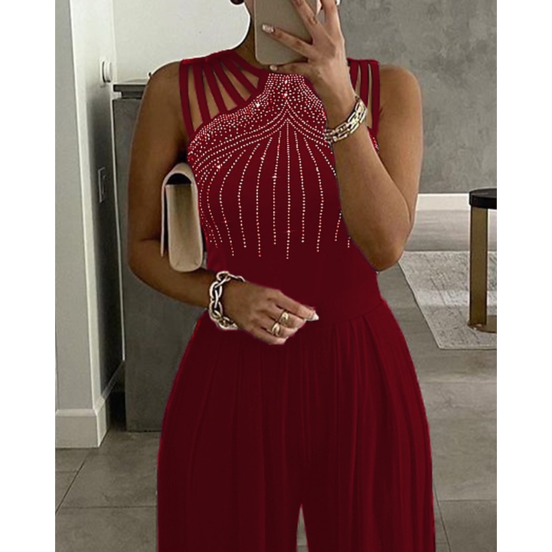 Women's Normal Jumpsuit Elegant Solid Color Sleeveless Wide Leg Crew Neck Beaded Wedding Party Regular Fit Black Wine Blue Summer4