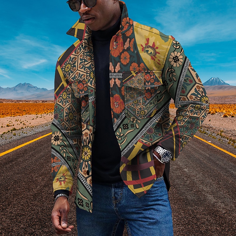 Men's Floral Ethnic Collared Shirt Fleece Shirt Shirt Jacket Long Sleeve Vintage Sporty Retro Outdoor Daily Going out Summer Spring Turndown Print Yellow Red Blue Green