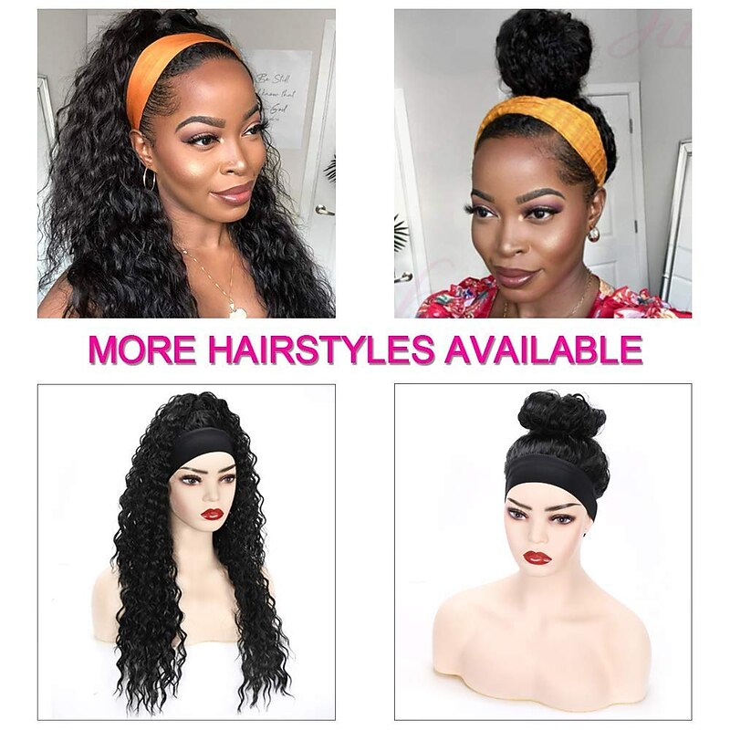 Headband Wig Long Deep Wave Curly for Women Synthetic 24 Inch Long Curly Headband Wigs Natural Black Heat Resistant for Daily Wear (Black) No Colored Headband4
