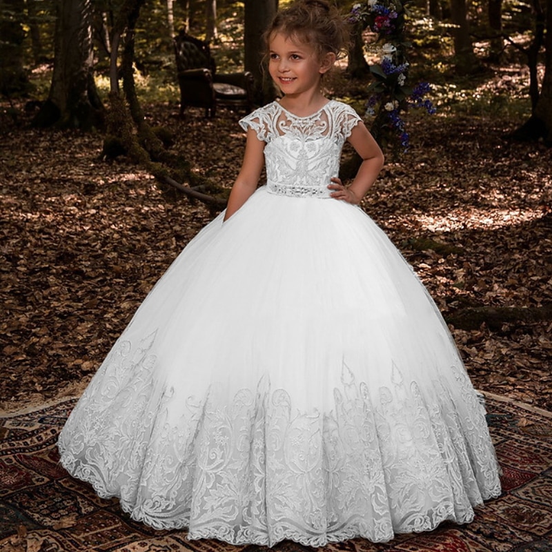 Kids Girls' Flower Girl Dress Dress Floral Solid Colored Short Sleeve Wedding Party Birthday Lace Ruched Mesh Cute Princess Polyester Maxi A Line Dress Tulle Dress Flower Girl's Dress Summer Fall