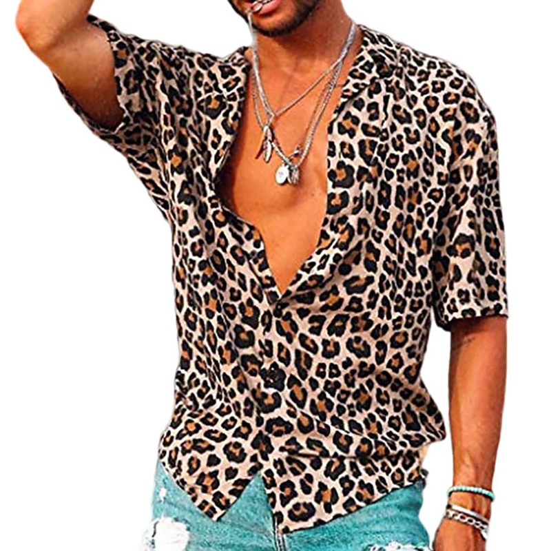 Men's Leopard Shirt Button Up Shirt Short Sleeve Sports Fashion Designer Daily Holiday Summer Spring Turndown Print Pink Blue Brown Green2