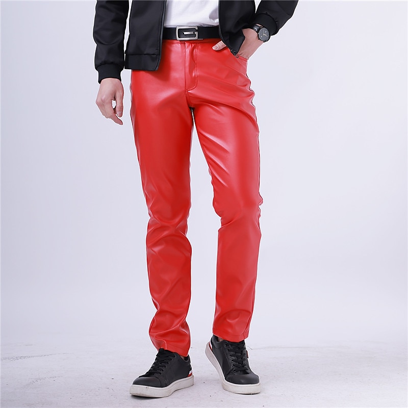 Men's Trousers Faux Leather Pants Casual Pants Pocket Straight Leg Plain Stretch Party Daily Wear Fashion Streetwear Black White4