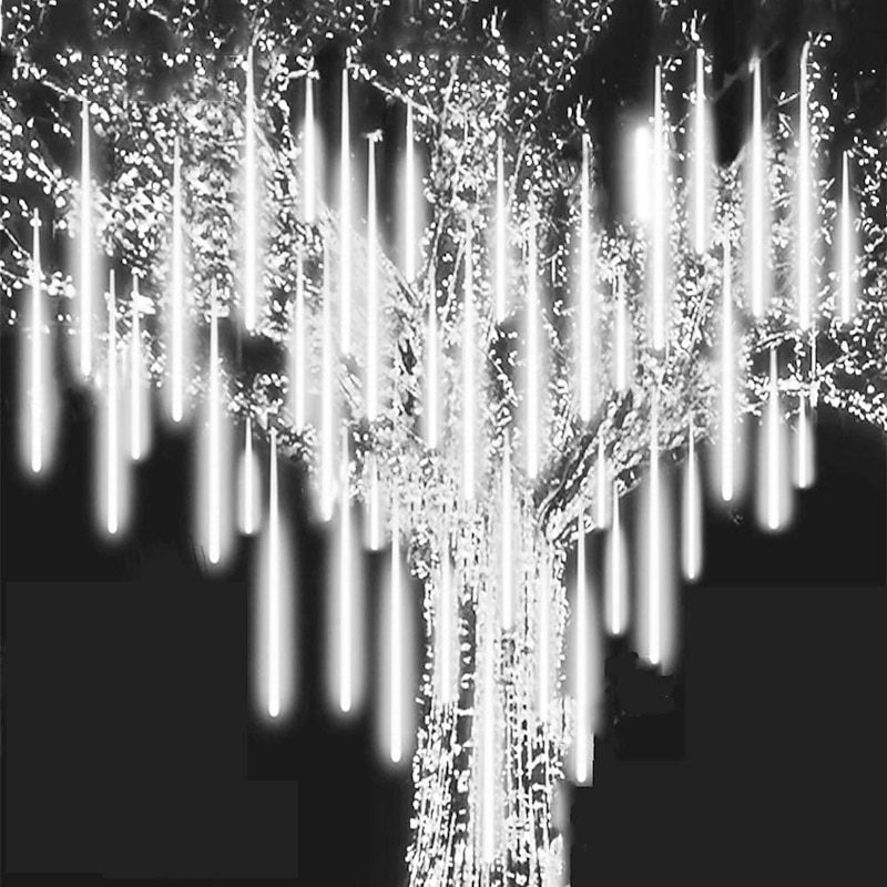 2 Pack Meteor Shower Christmas Lights Outdoor 30cm 8 Tubes 192 LED Falling Rain Lights Plug in Icicle Snow Cascading String Lights for Xmas Tree Holiday Patio Decorations4