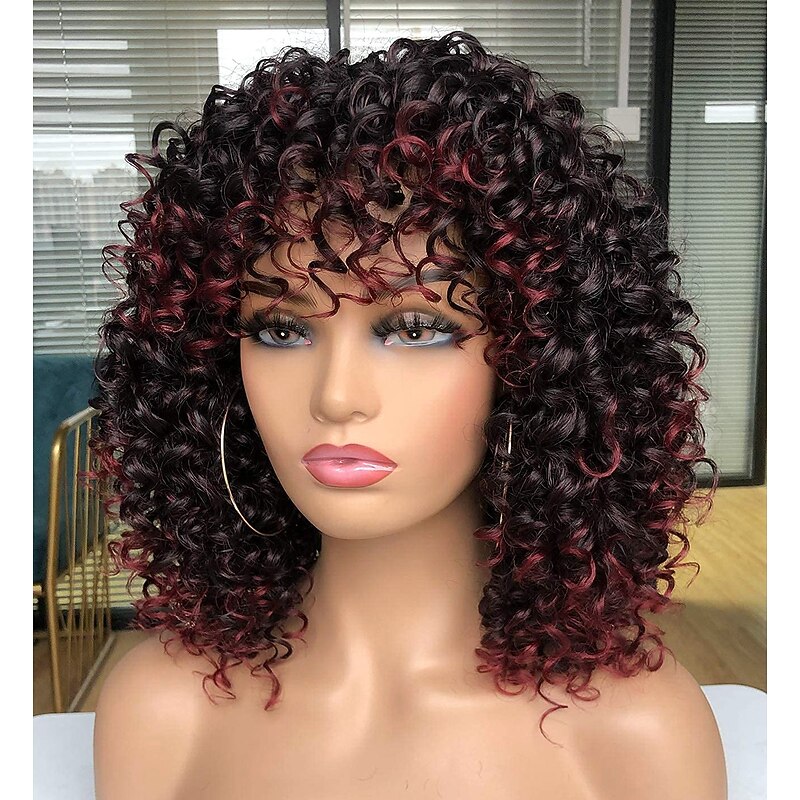 Black Wigs for Women Prettiest Afro Curly Wig Black with Warm Brown Highlights Wig with Bangs for Black Women Natural Looking for Daily Wear2