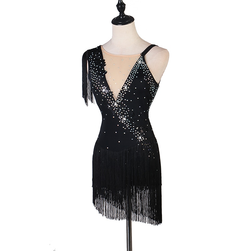 Figure Skating Dress Fringed Tassel Crystals / Rhinestones Women's Girls' Training Performance Sleeveless High Mesh Spandex3