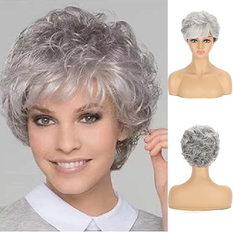 Gray Wigs for Women Momy Short Silver Gray Wavy Curly Wigs for Women Grey Layered Pixie Cut with Bangs Synthetic Wigs for Lady Short Natrual Synthetic Hair Wig Halloween Wigs