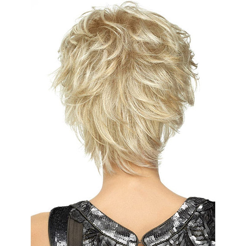 Short Blonde Wigs Omber Blonde Pixie Cut Wig for Women Natural Wavy Real Hair Synthetic Wig with Bangs3