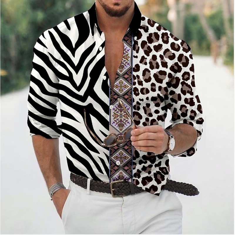 Men's Leopard Zebra Shirt Button Up Shirt Long Sleeve Fashion Designer Casual Daily Holiday Going out Spring & Summer Turndown 3D Print Button-Down Black Pink Purple Green