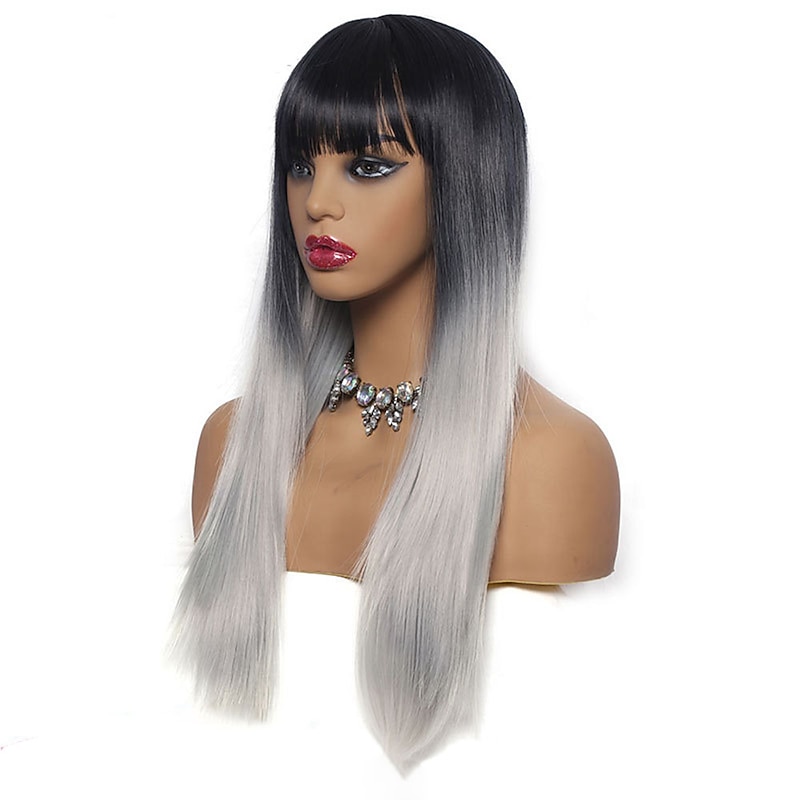 Ombre Wigs for Women Long Straight Synthetic Hair Wigs with Bangs Black Ombre Gray Wigs 26 Inch4