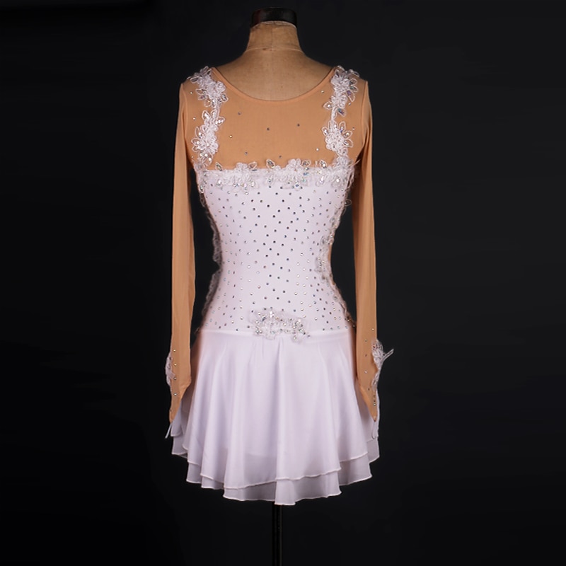 Figure Skating Dress Latin Lace Crystals / Rhinestones Women's Girls' Training Performance Long Sleeve High Mesh Spandex3