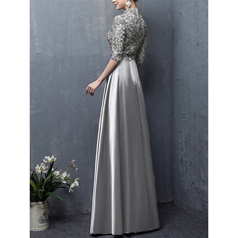 A-Line Mother of the Bride Dress Wedding Guest Elegant Vintage High Neck Floor Length Satin Half Sleeve with Bow(s) Appliques  dress to impress4