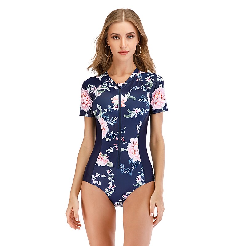 Women's Rash Guard One Piece Swimsuit UV Sun Protection Breathable Quick Dry Short Sleeve Bodysuit Bathing Suit Front Zip Swimming Surfing Beach Water Sports Floral Summer / Stretchy / Lightweight3