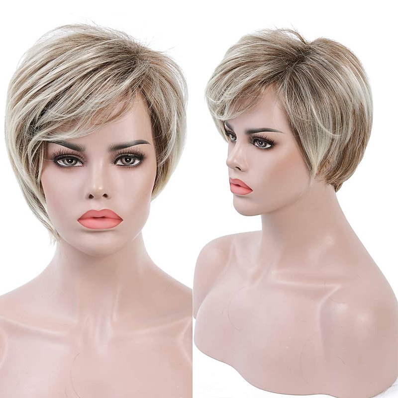 Blonde Wigs for Women Short Blonde Wig for White Women Layered Pixie Synthetic Blonde Mixed Brown Wig3