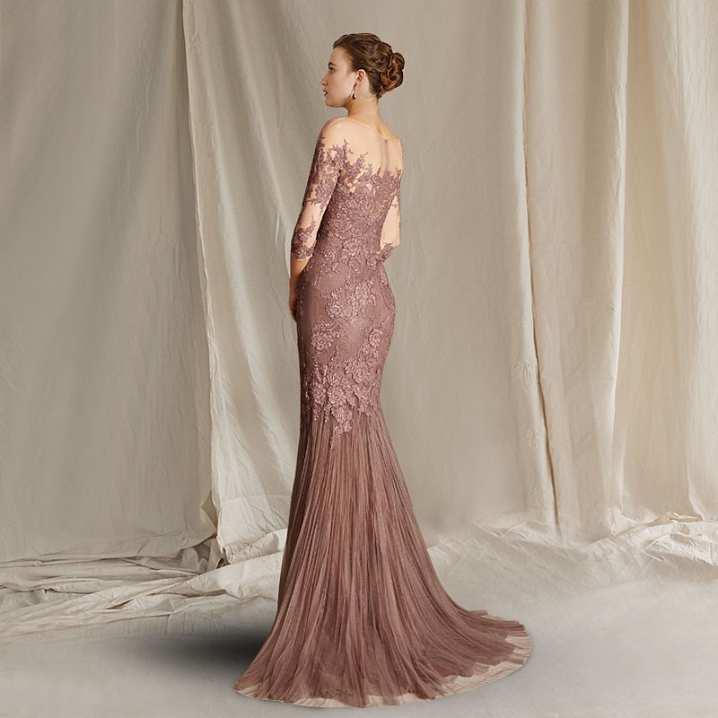 Mermaid Mother of the Bride Dress Formal Wedding Guest Elegant Scoop Neck Sweep / Brush Train Lace Tulle Half Sleeve with Appliques2