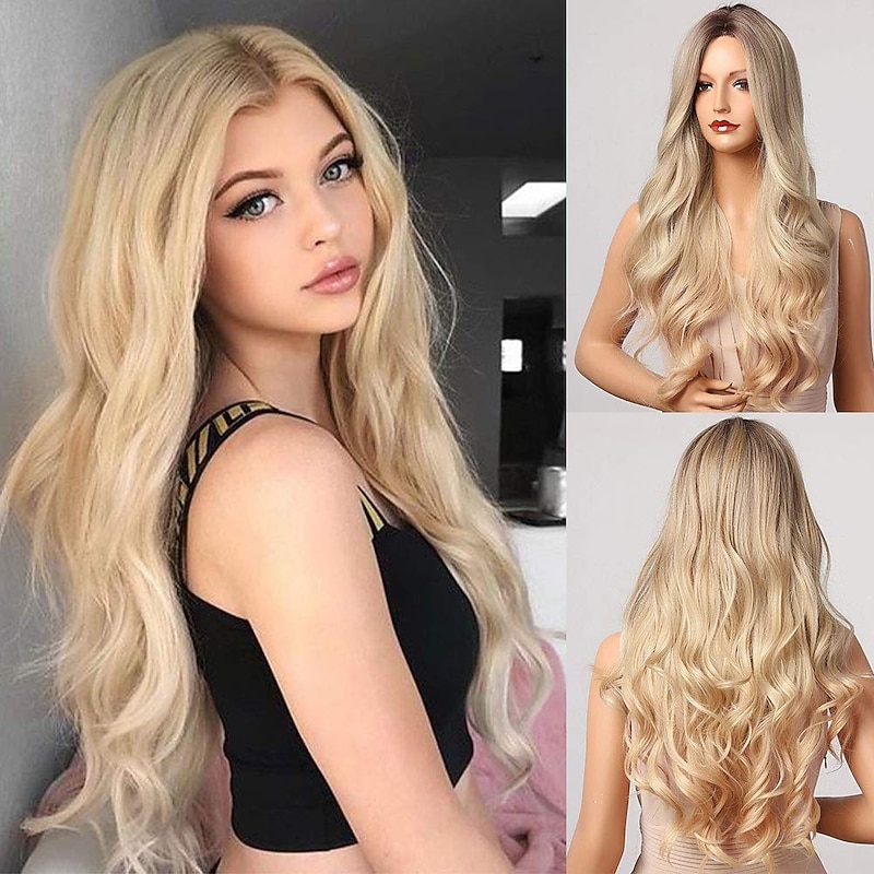 Blonde Wigs for Women Brown Gradient Gold Ladies Wigs, Ladies Medium-Length Curly Hair Natural Wavy Wigs, White Female Wigs, Cosplay Wigs, Heat-Resistant Daily Wigs Christmas Party Wigs