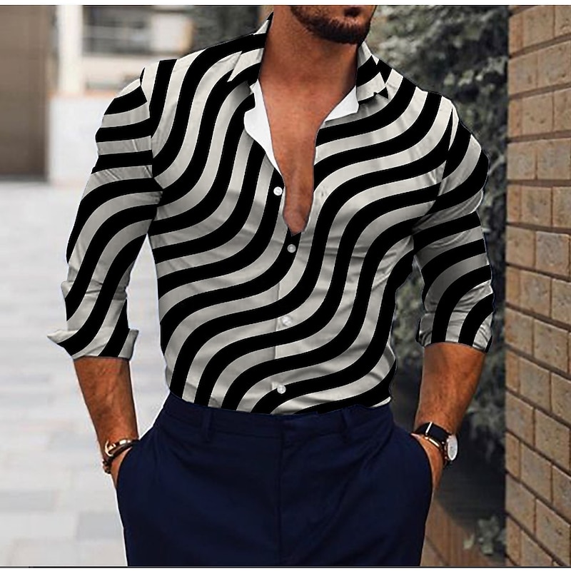 Men's Striped Geometric Pattern Shirt Button Up Shirt Long Sleeve Party Designer Casual Vacation Daily Holiday Collar Shirt Collar Black Yellow Red Purple