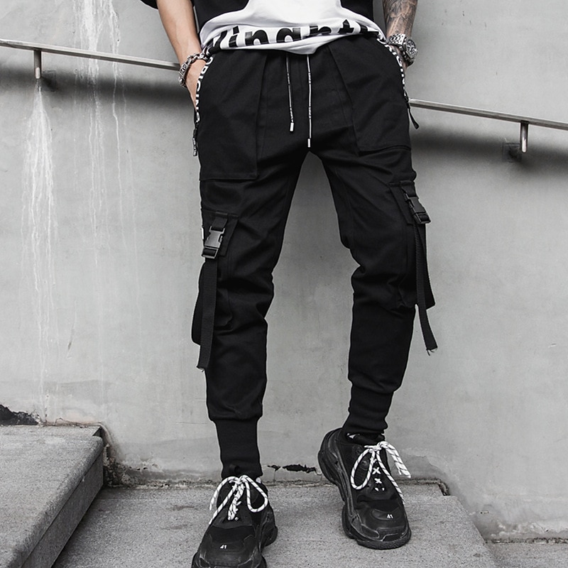 Men's Cargo Pants Cargo Trousers Joggers Trousers Harem Pants Elastic Waist Buckle Strap Plain Full Length Club Weekend Fashion Streetwear Loose Fit Black4