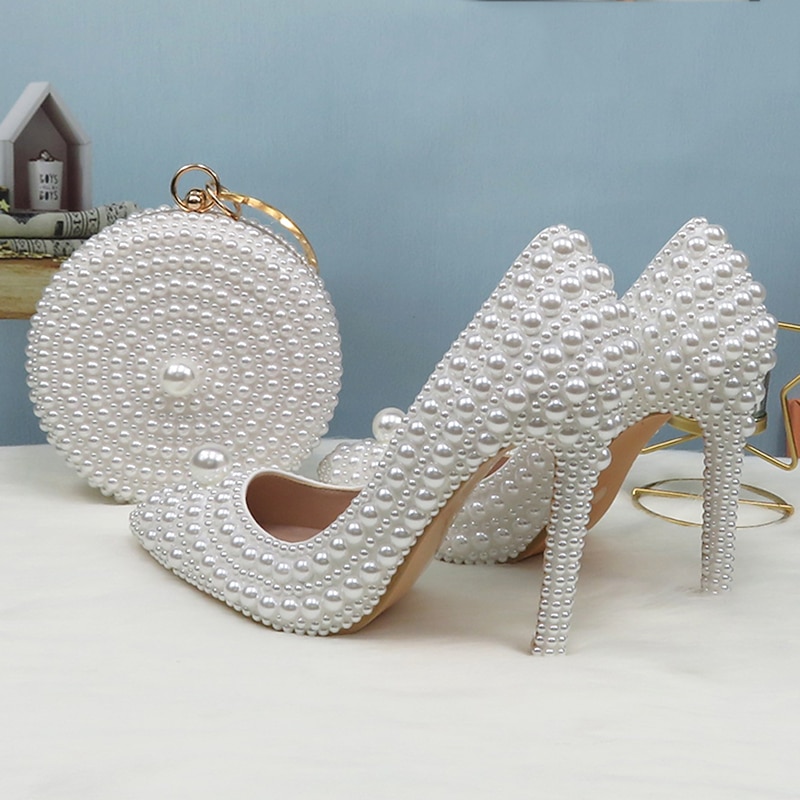 White Pearl-Embellished Stiletto Heels and Round Pearl Purse Set – Elegant Bridal Shoes with Matching Handbag for Weddings and Special Occasions3